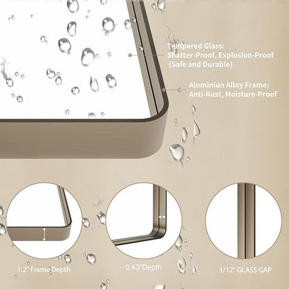 LOAAO 28"X36" Bronze Bathroom Mirrors | Rounded Rectangle, Brushed Bronze Metal Frame, Anti-Rust, Hangs Horizontally or Vertically