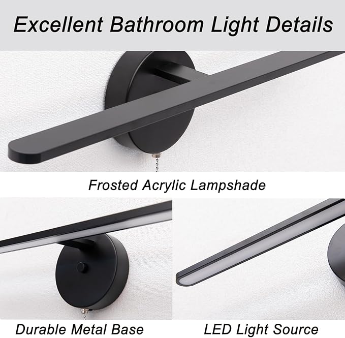 COTULIN 22 inch Black Vanity Light Bar for Bathroom, Matte Black Light Fixtures Over Mirror, Pull Chain in Wall Sconce Lighting, 4000K 12W Picture Light Under The Cabinet Lamp with On Off Switch