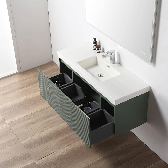 Blossom 48 Inch Bathroom Vanity with Sink and 2 Side Cabinets, All Wood Wall Mounted Floating Bathroom Vanity Cabinet with Acrylic Sink, Soft-Close Drawers, Bathroom Vanities, Aventurine Green