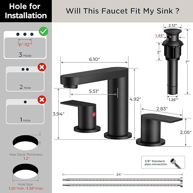 FORIOUS Matte Black Bathroom Faucet 3 Hole, 8 Inch Widespread Bathroom Sink Faucet with Pop-up Drain and cUPC Supply Lines for Basin, Vanity, Laundry Room and Restroom