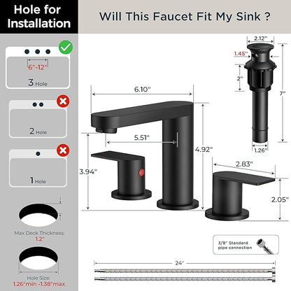 FORIOUS Matte Black Bathroom Faucet 3 Hole, 8 Inch Widespread Bathroom Sink Faucet with Pop-up Drain and cUPC Supply Lines for Basin, Vanity, Laundry Room and Restroom