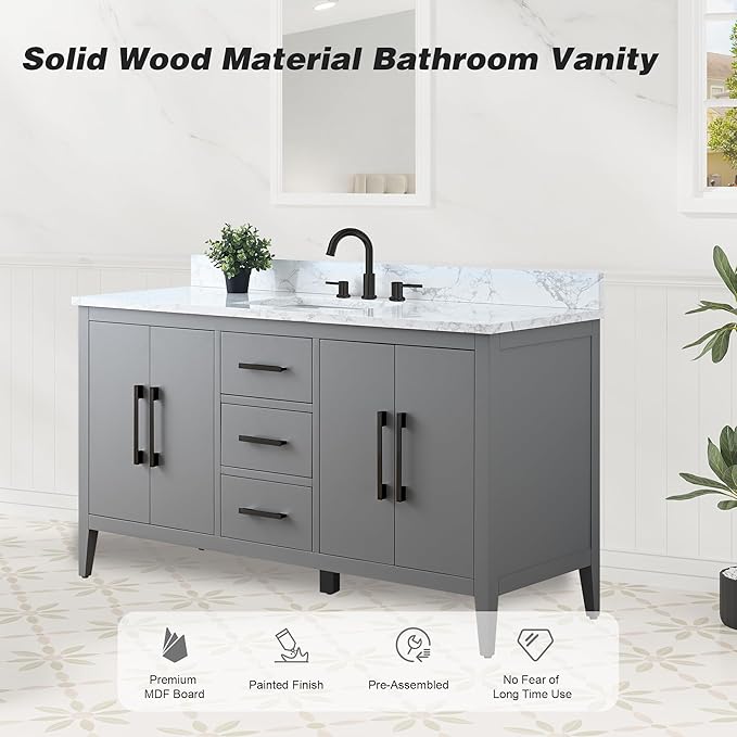 HOMEBEYOND 60 Inch Bathroom Vanity with Sink & Ceramic Top, Single Vanity Cabinet with Basin, Soft-Closing Doors & Matte Black Hardware, Grey