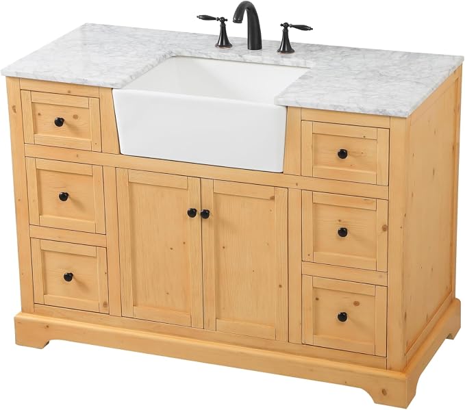 48" Pre-Assembled Bathroom Vanity with Sink, Solid Birch and MDF, Carrara White Marble Countertop Attached, Single Rectangle Porcelain Sink, 6 Soft-Close Drawers, Natural Wood
