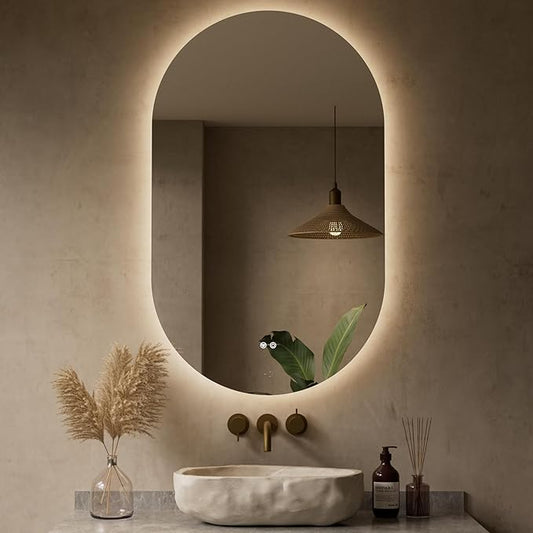 Keonjinn 24 x 40 Inch Oval LED Mirror for Bathroom, Pill-Shaped Backlit Mirror Bathroom for Wall, HD Tempered Glass, Safe Defogging, UL-Listed, 3000K/4500K/6500K, (Horizontal/Vertical)