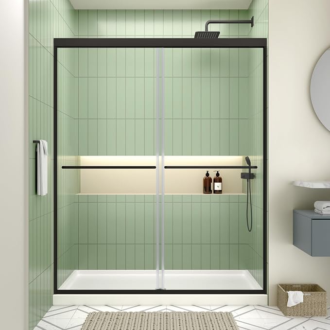 ACE DECOR Double Sliding Shower Door, 56-60" W x 70" H, Matte Black Finish | Bypass Semi-Frameless Shower Doors, 6mm Clear SGCC Tempered Glass, Easy-Clean Nano Coating&Leak-proof&Reversible Installation