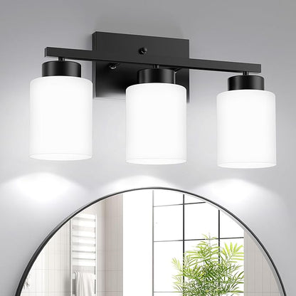 PARTPHONER 3-Light Matte Black Bathroom Light Fixtures, Modern Vanity Light Over Mirror Lighting, Wall Sconce with Frosted Milky White Glass Shades for Bedroom Living Room Kitchen Hallway