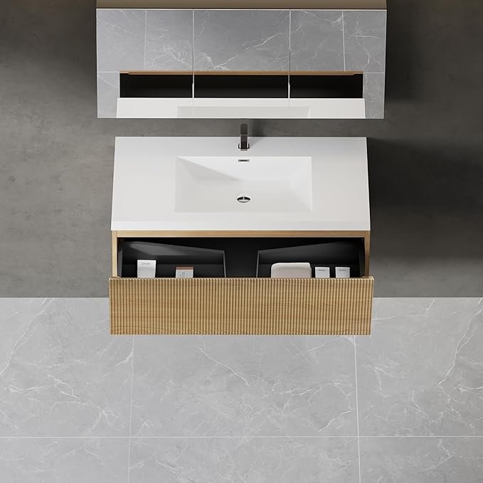Modern 42'' Floating Bathroom Vanity Sink Combo, Wall-Mounted Striped Cabinet with Soft-Close Drawer, Double Glossy White Basins, Natural Oak Finish - Elegant Storage Solution
