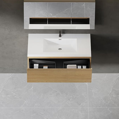 Modern 42'' Floating Bathroom Vanity Sink Combo, Wall-Mounted Striped Cabinet with Soft-Close Drawer, Double Glossy White Basins, Natural Oak Finish - Elegant Storage Solution