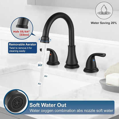 Matte Black Widespread Bathroom Sink Faucet, 3 Hole 8 Inch | Modern Bathroom Faucet 3-Hole,2 Handles,Pop-Up Drain & Supply Lines,Deck Mount Vanity Faucet,1.2 GPM,SUS304 Stainless Steel