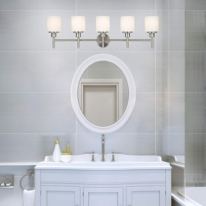 Design House Aubrey 5-Light Vanity Light, Satin Nickel Finish, Frosted Glass Shades, Dimmable, Bathroom Wall Fixture – Design House, 556225
