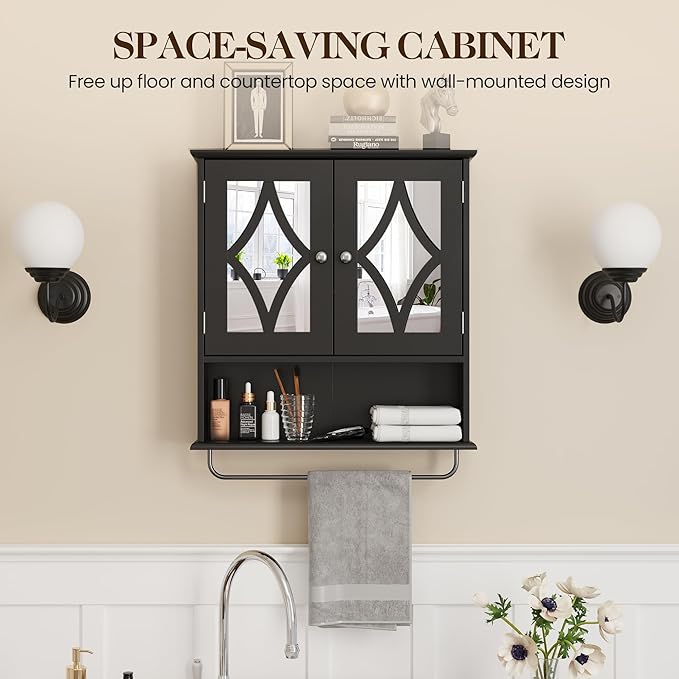 Vanity Wall Mounted Storage Cabinet with Adjustable Shelves and Towel Bar, Bathroom Medicine Cabinet with Mirror, Hanging Wall Cabinet for Bathroom, Laundry, Living Room, Black
