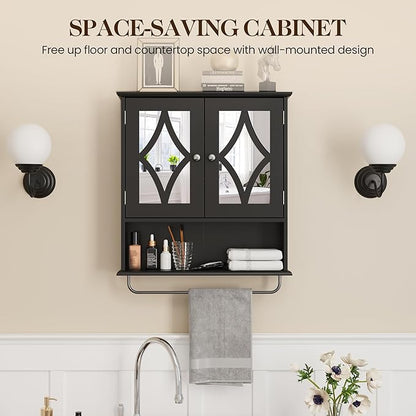 Vanity Wall Mounted Storage Cabinet with Adjustable Shelves and Towel Bar, Bathroom Medicine Cabinet with Mirror, Hanging Wall Cabinet for Bathroom, Laundry, Living Room, Black