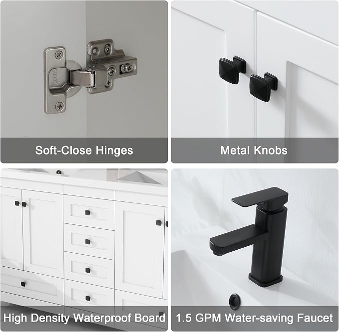 LUCKWIND 60" Bathroom Vanity and Sink Combos, Modern Bathroom Storage Painted Cabinet with Undercounter Resin Dual Sink Top, Matte Black Faucet and 6 Drawers, Mirror Not Included, White