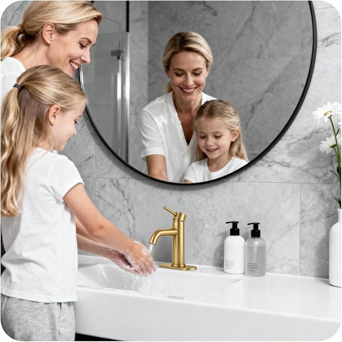 Brushed Gold Bathroom Faucet Single Handle Bathroom Sink Faucet | with Pop-up Drain & Deck,Supply Hoses,Stainless Steel Bathroom Sink Faucet 1/3 Hole,Water-saving aerator,Fits home,RV