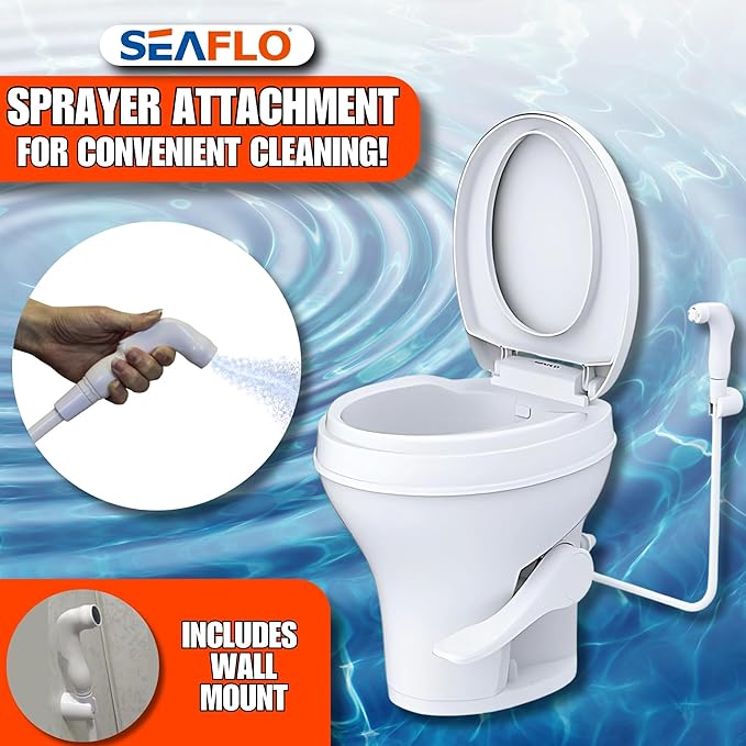 SEAFLO Residential Height Camper/RV Toilet with Sprayer Attachment, 18.5” Standard Height, Gravity Flush System, Foot Pedal Operation, Soft Close Seat, 4-Year Warranty (With Sprayer Attachment)