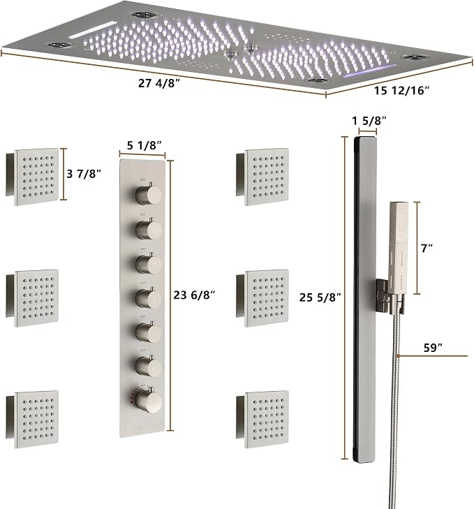 CASAINC 27x16 Inch Thermostatic Shower System Luxury 6 Functions Full Body Shower System with Sliding Rod 2 in 1 Handheld, LED & Music (Brushed Nickel)