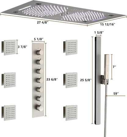 CASAINC 27x16 Inch Thermostatic Shower System Luxury 6 Functions Full Body Shower System with Sliding Rod 2 in 1 Handheld, LED & Music (Brushed Nickel)