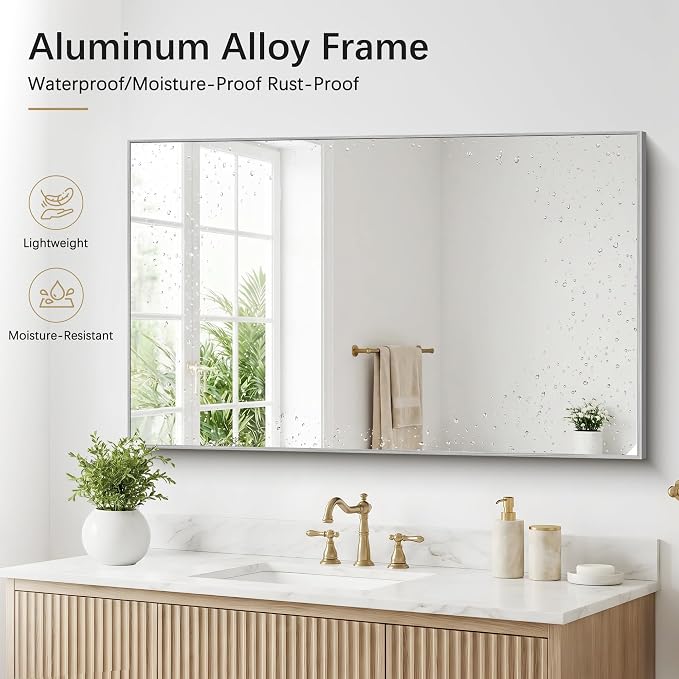 DESBING 30" x 48" Bathroom Mirror, Silver Metal Frame Wall Mirror | HD Image,Shatterproof Decorative Rectangular Vanity Mirror for Bedroom Bathroom Living Room Entryway Horizontal or Vertical