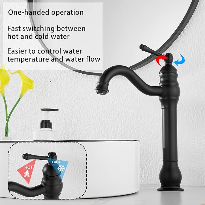 Black Bathroom Faucet GGStudy 360° Swivel Single-Handle One Hole Bathroom Vessel Sink Faucet Matching Pop Up Drain