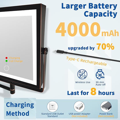 Ruacq Rechargeable Wall Mounted Makeup Mirror with Lights, Double Sided 1X/10X Magnifying Vanity Mirror with 3 Color Lights, Touch Screen Dimmable, 360° Rotation Foldable Arm (Oil Rubbed Bronze)