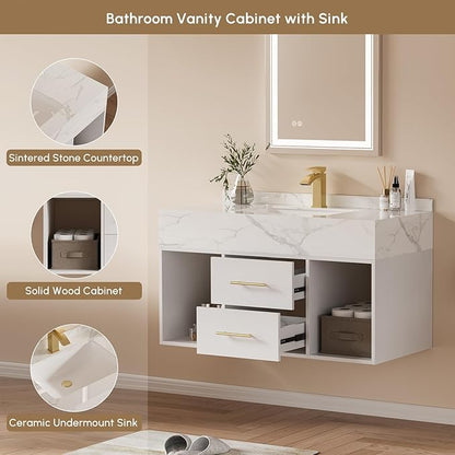 Bathroom Vanity with Sink, 39.3" Floating Bathroom Vanity Set Modern Wall-Mounted Cabinet with Sintered Stone Countertop, Undermount Sink & White Finish, Easy to Clean