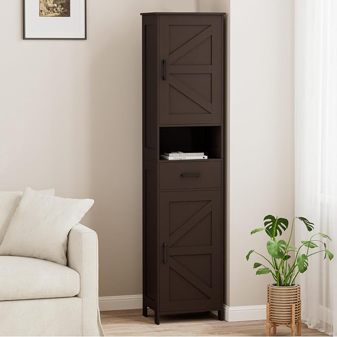Homhedy 67" H Tall Bathroom Storage Cabinet with Barn Doors and Drawer | Narrow Storage Unit with Adjustable Shelves, Floor Cabinet for Bathroom, Living Room, Entryway or Kitchen, Brown, 15.7" W