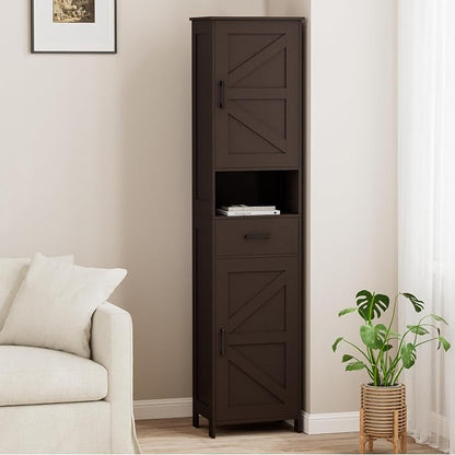 Homhedy 67" H Tall Bathroom Storage Cabinet with Barn Doors and Drawer | Narrow Storage Unit with Adjustable Shelves, Floor Cabinet for Bathroom, Living Room, Entryway or Kitchen, Brown, 15.7" W
