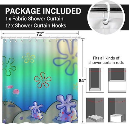 Cute Anime Cartoon Green Ocean Beach Kids Shower Curtain Set 72x78 Inches | Cute Anime Cartoon Green Ocean Beach Print, Gradient Underwater Housewarming Sea Lover Guest Kids Bathroom Decor, With Hooks