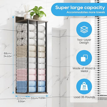 Towel Racks for Bathroom Wall Mounted with Wooden Storage Shelf, Updated 3 Bar Metal Towel Holder for Rolled Towels, Sturdy and Large Capacity, Towel Storage Organizer
