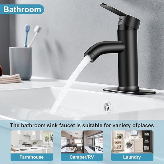 Black Single Hole Bathroom Faucet Black Vanity Faucet for Bathroom Sink 1 Hole or 3 Hole for Modern RV Sink with Pop-up Drain and Deck