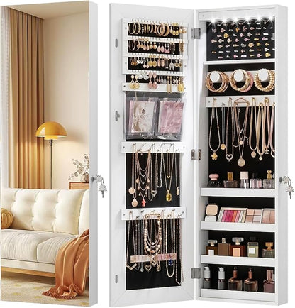 LVSOMT Over The Door Jewelry Organizer, 6 LED Wall Mounted Jewelry Cabinet | Lockable 42.5" Full Length Mirror with Jewelry Storage, Hanging Jewelry Mirror Cabinet, Jewelry Armoire for Women, White