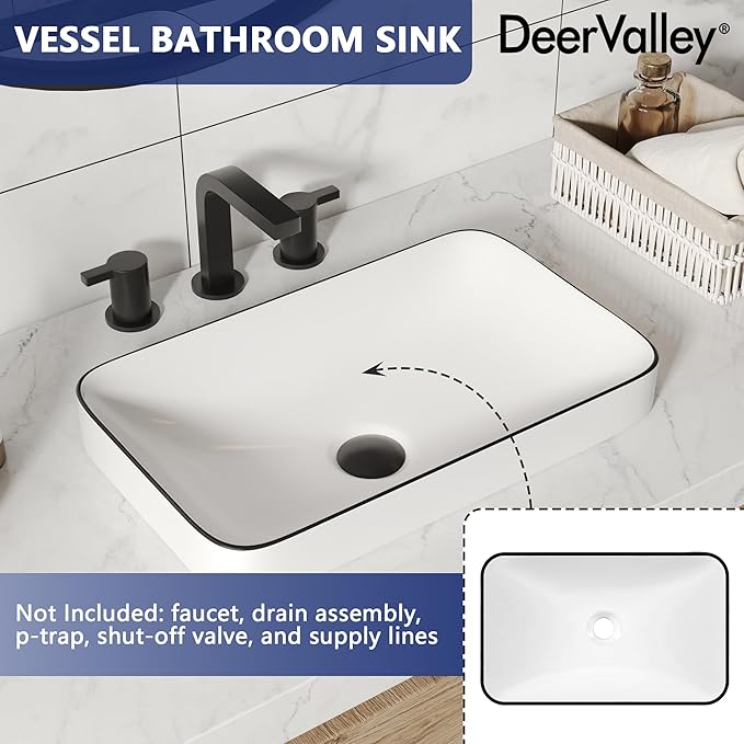 DeerValley 19x12 Inch White Semi Recessed Bathroom Vessel Sink with Black Rim, Ceramic Porcelain Rectangle Above Counter Vanity Sink Basin, DV-1V0235