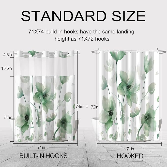 No Hook Shower Curtain and Liner Set, Green Boho Floral 71x77 | Watercolor Boho Flower, with Snap in Liner, Mesh Top Window, Waterproof, Machine Washable, Quick-Drying, for Hotel Bathroom