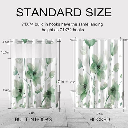 No Hook Shower Curtain and Liner Set, Green Boho Floral 71x77 | Watercolor Boho Flower, with Snap in Liner, Mesh Top Window, Waterproof, Machine Washable, Quick-Drying, for Hotel Bathroom