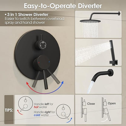Gabrylly Black Shower System with Tub Spout, Bathtub Shower Faucets Set with 3-Way Shower Valve, High Pressure 10" Rain Shower head with Handheld Spray Combo, Wall Mounted Tub Shower Kit, Matte Black