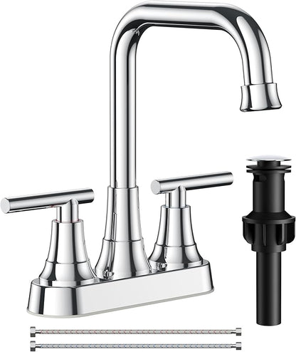 FORIOUS Bathroom Faucets for Sink 3 Hole Chrome, 4 Inch Centerset Bathroom Sink Faucet 2 Handle with Pop-up Drain and Supply Hoses for Vanity RV Laundry Farmhouse
