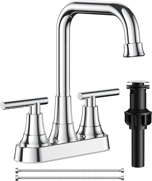 FORIOUS Bathroom Faucets for Sink 3 Hole Chrome, 4 Inch Centerset Bathroom Sink Faucet 2 Handle with Pop-up Drain and Supply Hoses for Vanity RV Laundry Farmhouse