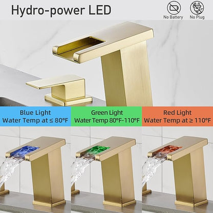 LED Bathroom Faucet 3 Hole, Brushed Gold Waterfall Bathroom Faucets, 8 Inch Widespread Modern Bathroom Sink Faucet, Wide Spread Touch On Three Hole 2 Handle Bathroom Vanity Faucet