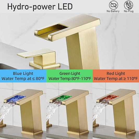 LED Bathroom Faucet 3 Hole, Brushed Gold Waterfall Bathroom Faucets, 8 Inch Widespread Modern Bathroom Sink Faucet, Wide Spread Touch On Three Hole 2 Handle Bathroom Vanity Faucet