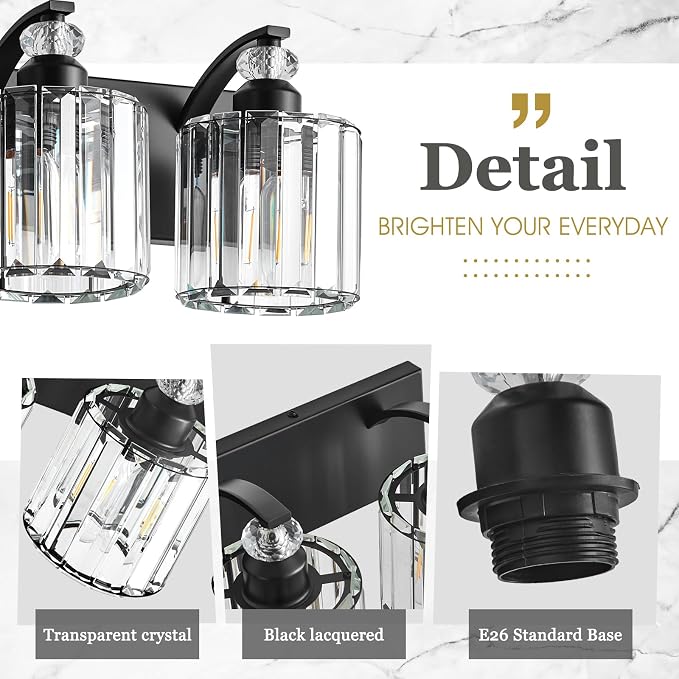 3-Light Black Bathroom Light Fixture Modern Vanity Lights Over Mirror Vintage Wall Sconce Lighting for Bathroom, Bedroom, Living Room, Hallway E26 Base with Crystal Bathroom Vanity Light