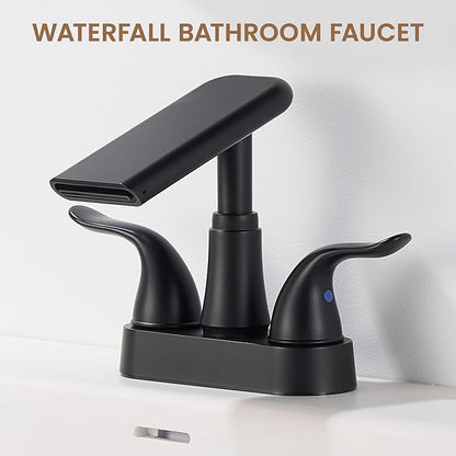 Matte Black Bathroom Faucet 4 Inch Centerset, Waterfall Plastic Bathroom Sink Faucet with Pop Up Drain & Overflow, Dual Handle 360° Swivel Spout, Fits 2 or 3 Hole Lavatory Sink, Modern Design