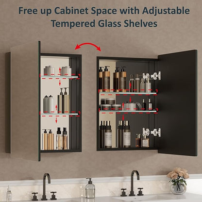 20x28 Inch Medicine Cabinet with Mirror, Recessed or Surface Mounted Bathroom Cabinets for Storage, 2 Fully Adjustable Tempered Glass Shelves, Soft-close DTC Hinges, HD Reflection Mirror Door, Black