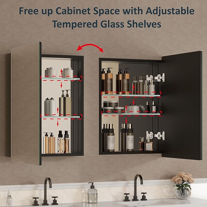 24x30 Inch Medicine Cabinet with Mirror, Recessed or Surface Mounted Bathroom Cabinets for Storage, 2 Fully Adjustable Tempered Glass Shelves, Soft-close DTC Hinges, HD Reflection Mirror Door, Black