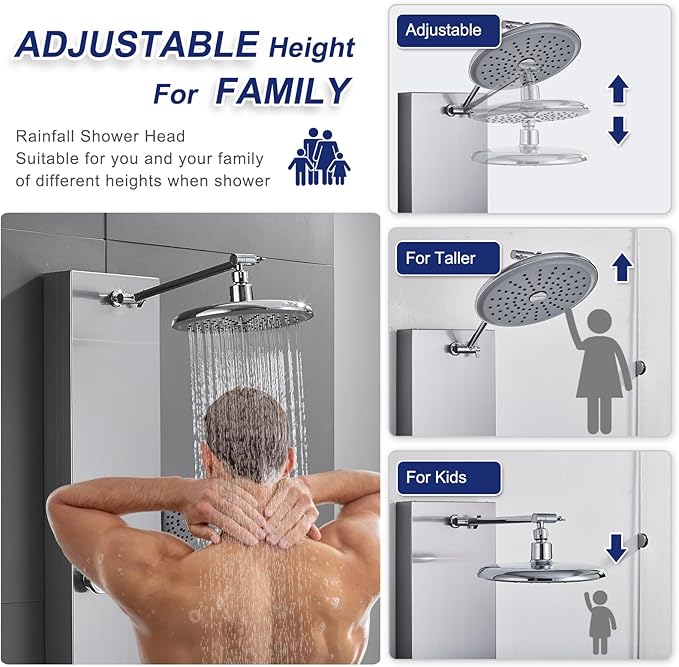 ROVATE Shower Panel Tower System 304 Stainless Steel, Shower Panel System with Adjustable Rainfall Shower Head, 6 Body Massage Jets and 5 Functions Handheld, Brushed Surface