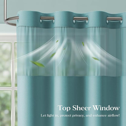 Teal Hook Free Waffle Shower Curtain & Snap-in Fabric Liner,72x75 | Less Time to install, 3 in 1 Fabric Shower Curtain and Liner Set with Magnets, Mesh Top Window, Shower Curtains for Bathroom
