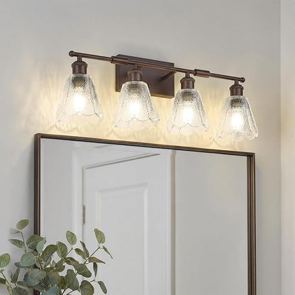 HWH 4-Light Bathroom Vanity Light, Clear Floral Glass, 5HJX110B-4W ORB | Oil-Rubbed Bronze Finish, Farmhouse, Wall Light Sconces for Bathroom, Bathroom Mirror Wall Light, Standard E26 Bulb Socket