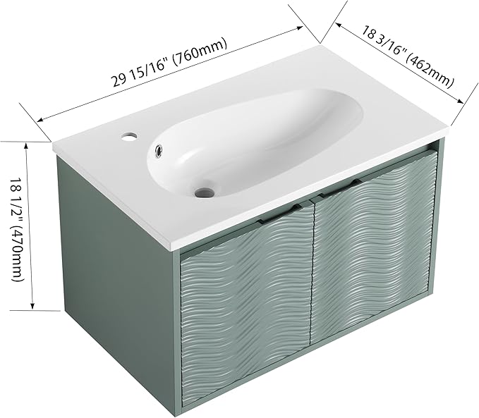 SSLine Modern 30" Floating Bathroom Vanity with Sink Wall Mounted Bathroom Vanity with Top Basin & Storage Cabinet 30-Inch Green Wave Bath Vanity w/Drop-Shaped Resin Sink for Small Space