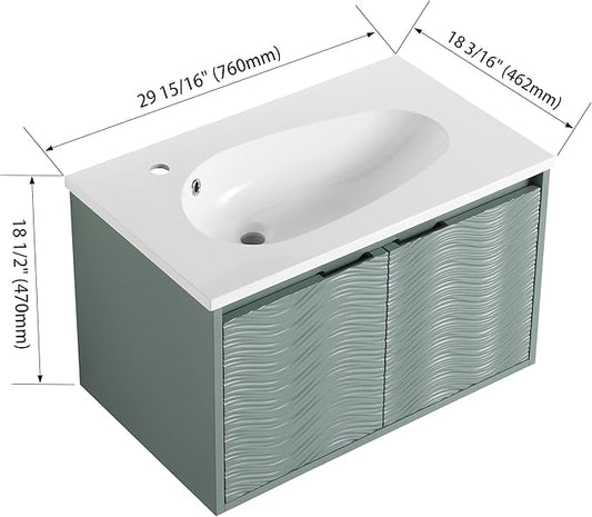 SSLine Modern 30" Floating Bathroom Vanity with Sink Wall Mounted Bathroom Vanity with Top Basin & Storage Cabinet 30-Inch Green Wave Bath Vanity w/Drop-Shaped Resin Sink for Small Space