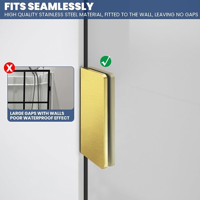 Bathroom Shower Glass Door 34" W×78.75" H, 3/8"(10mm) Thick Clear Tempered Glass Panel with Clamps, Fixed Frameless Waterproof Shower Door, Brushed Gold