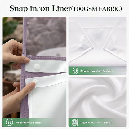 Lavender Hook Free Waffle Shower Curtain & Snap Fabric Liner,72x81 | Less Time to install, 3 in 1 Fabric Shower Curtain and Liner Set with Magnets, Long, Shower Curtains for Bathroom